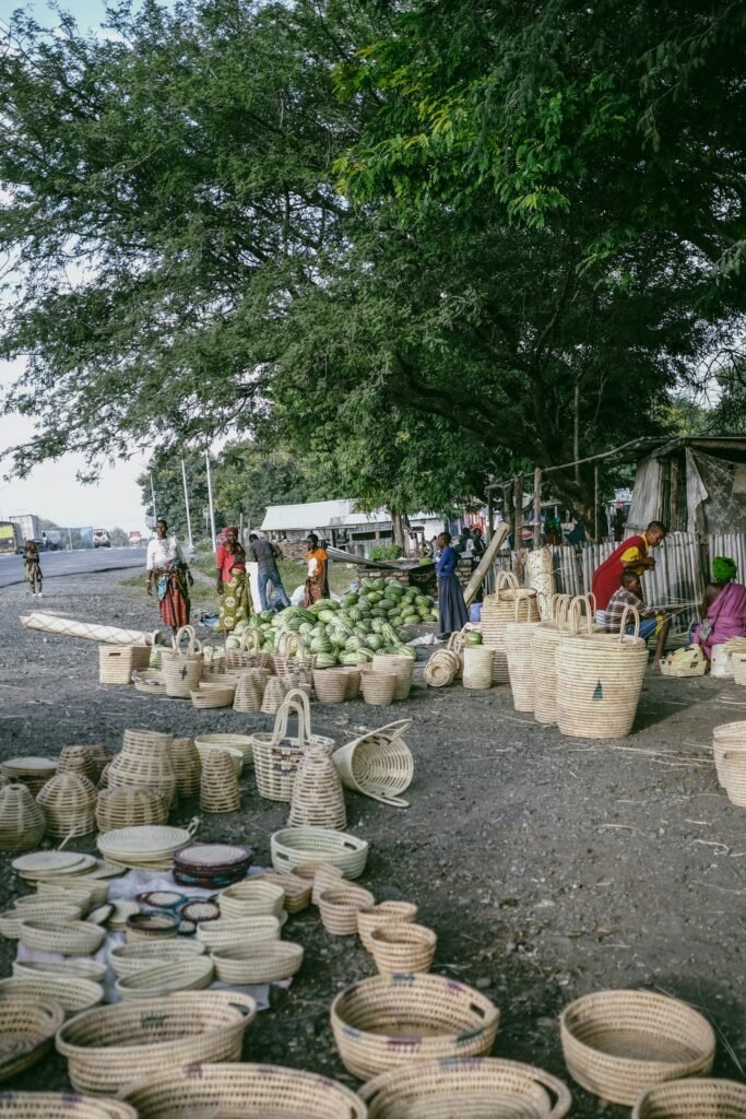 Outdoor market with woven baskets