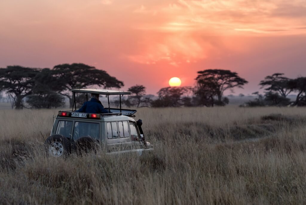 Safari vehicle at sunset on the Serengeti