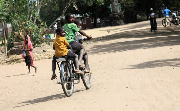 Children riding a bicycle along a village road